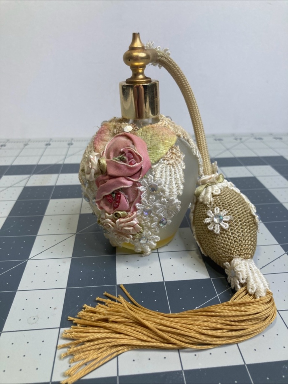 Vintage Atomizer Perfume Bottle Lace Silk Flowers Beads Shabby Chic Cottagecore